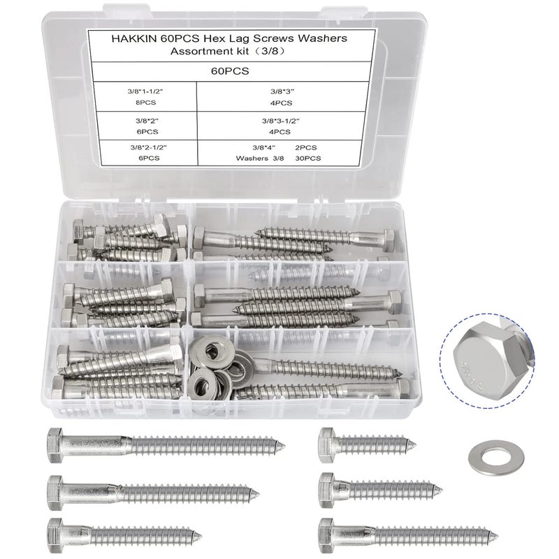 Hakkin 3/8" Hex Lag Screws, 60PCS Assorted Wood Screw & Bolt Assortment Sets 1-1/2" 2" 2-1/2" 3" 3-1/2" 4", Hexagon Head Lag Bolts for Wood, Decks Building,Industrial - Image 1